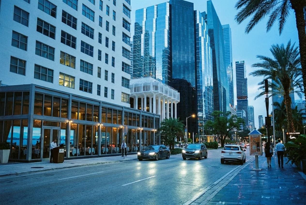 Glass facade of a Brickell Avenue waterfront restaurant with bay views at dusk