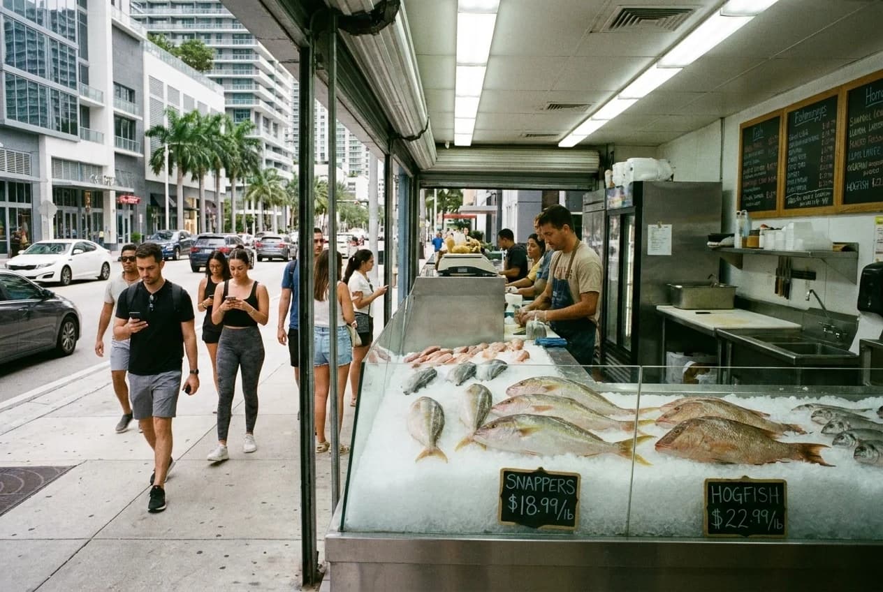 Whole yellowtail snapper and hogfish on ice in a refrigerated seafood display case at a Brickell fish market
