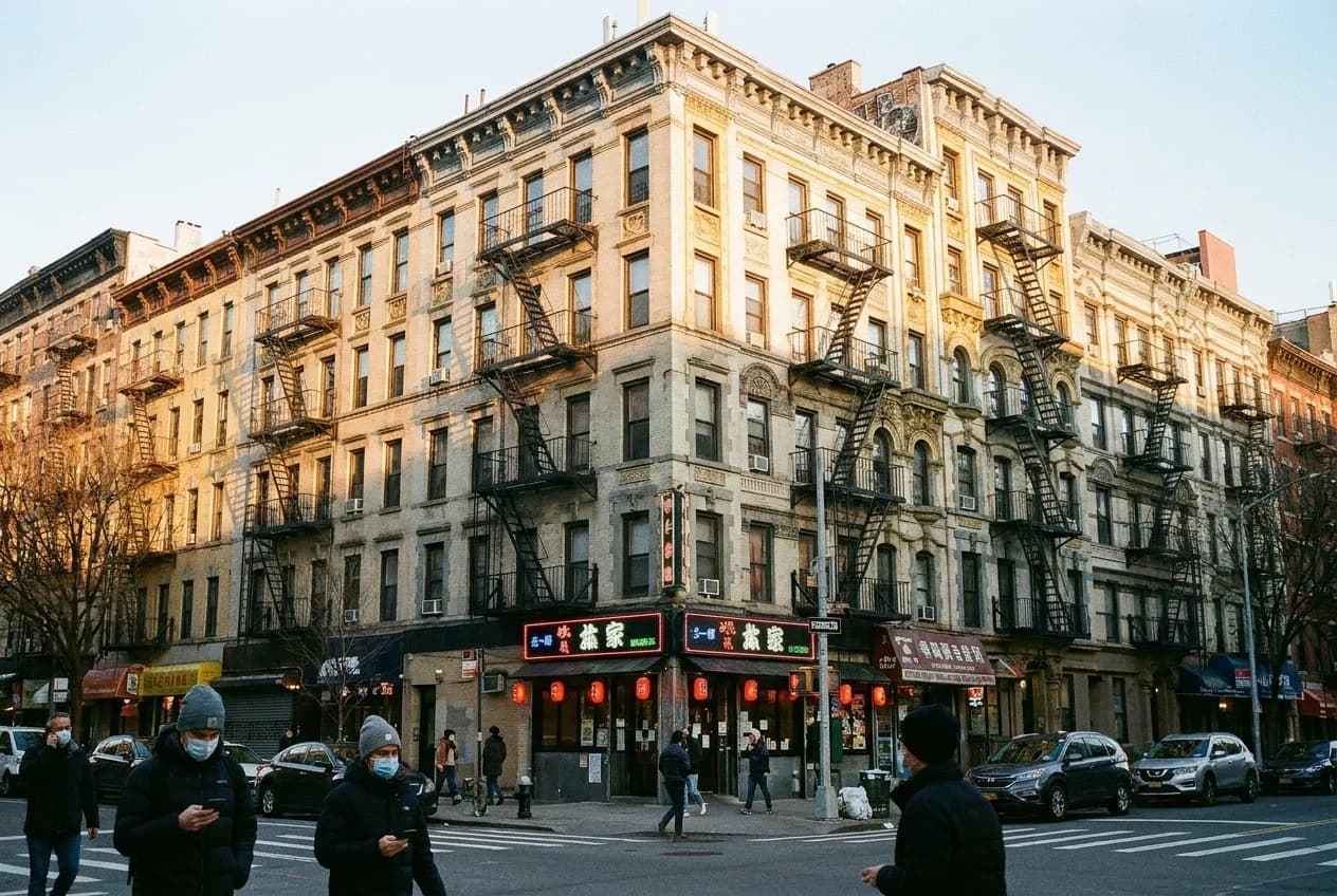 East 7th Street and First Avenue corner, tenement buildings with Japanese restaurant storefronts