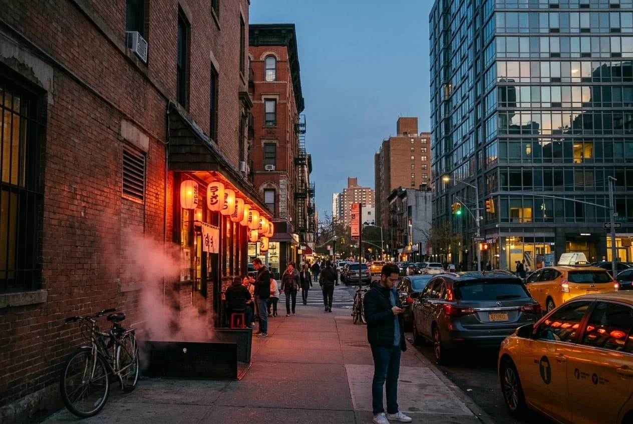 East Village side street at dusk with red lanterns outside a Japanese restaurant