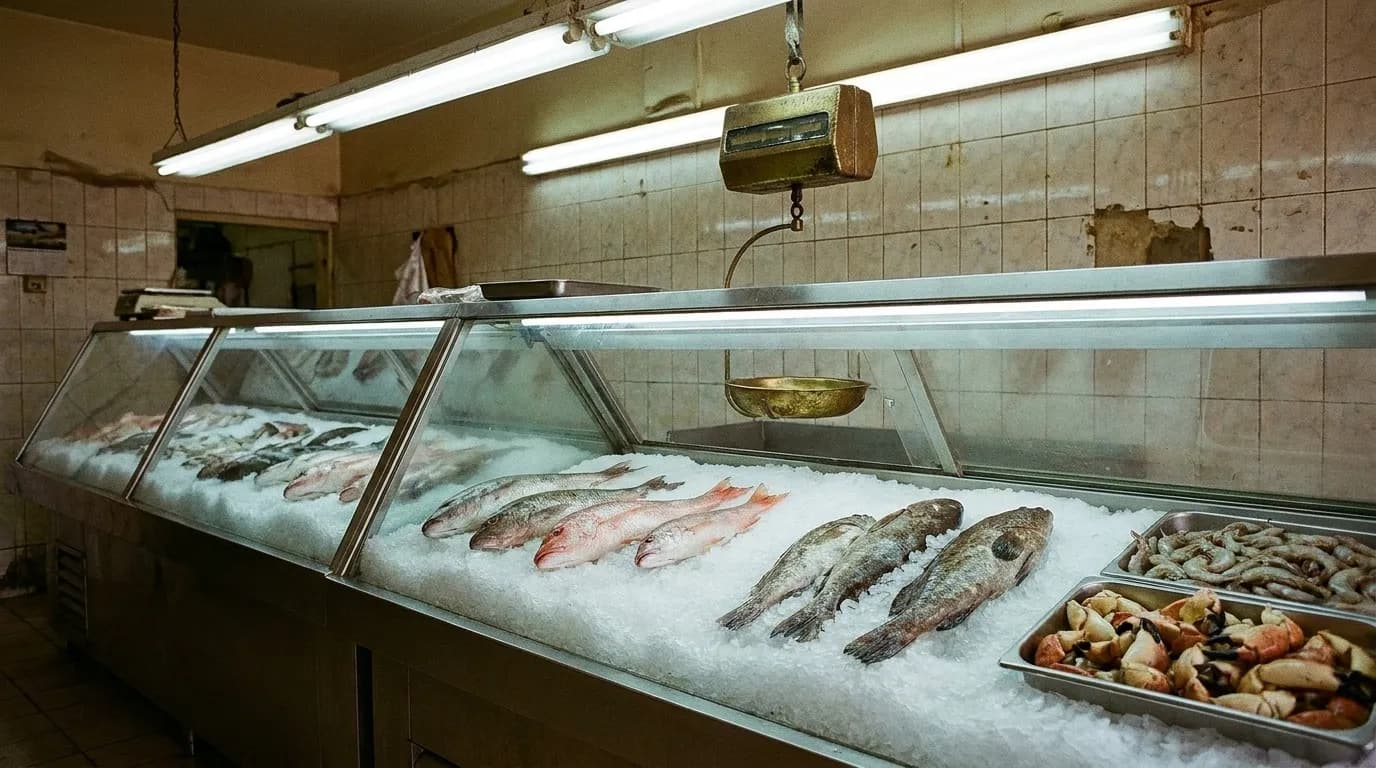 A fish counter behind glass with whole fish laid on crushed ice and a hanging scale above