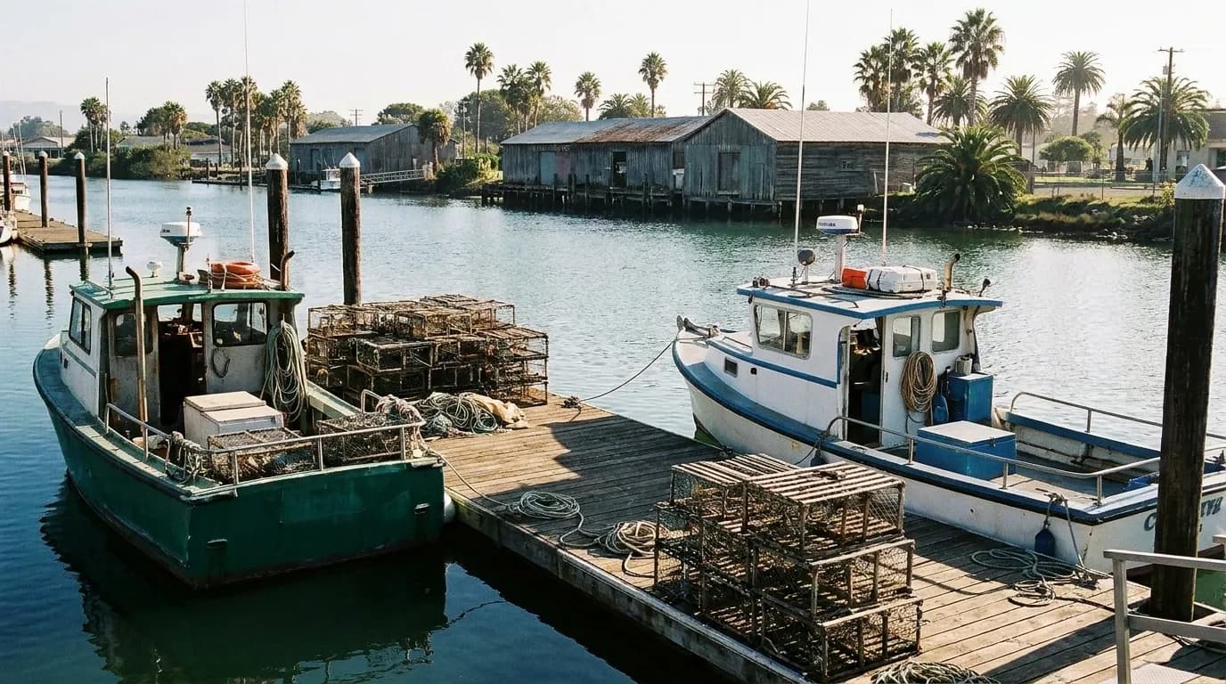 A wooden dock beside a narrow river with small commercial fishing boats tied up in afternoon light