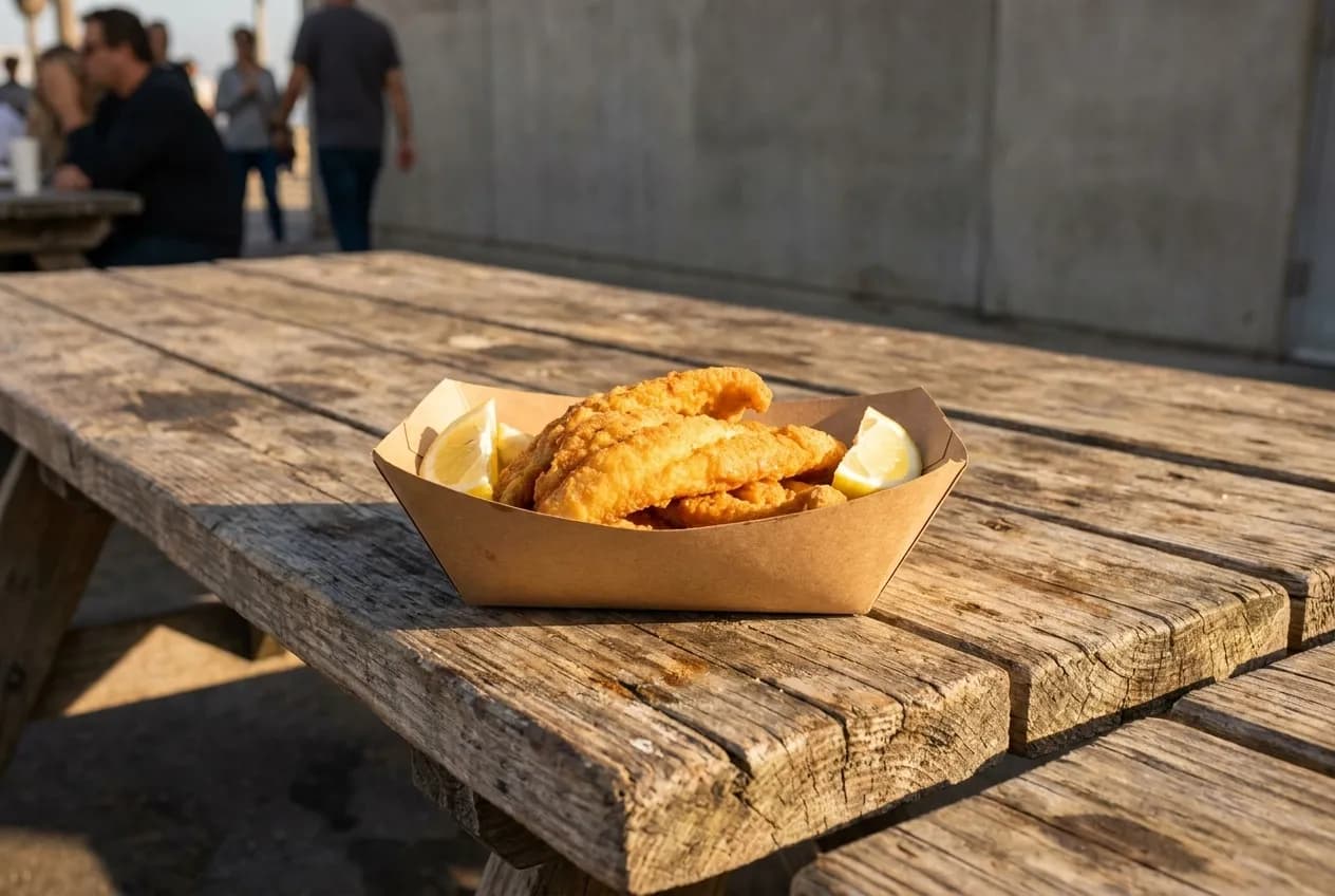 A paper tray of fried fish and lemon on a weathered outdoor picnic table