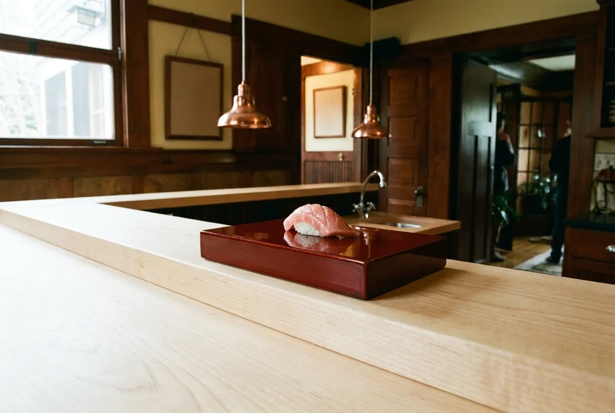 A pale wooden sushi counter with a single piece of nigiri on a lacquer block