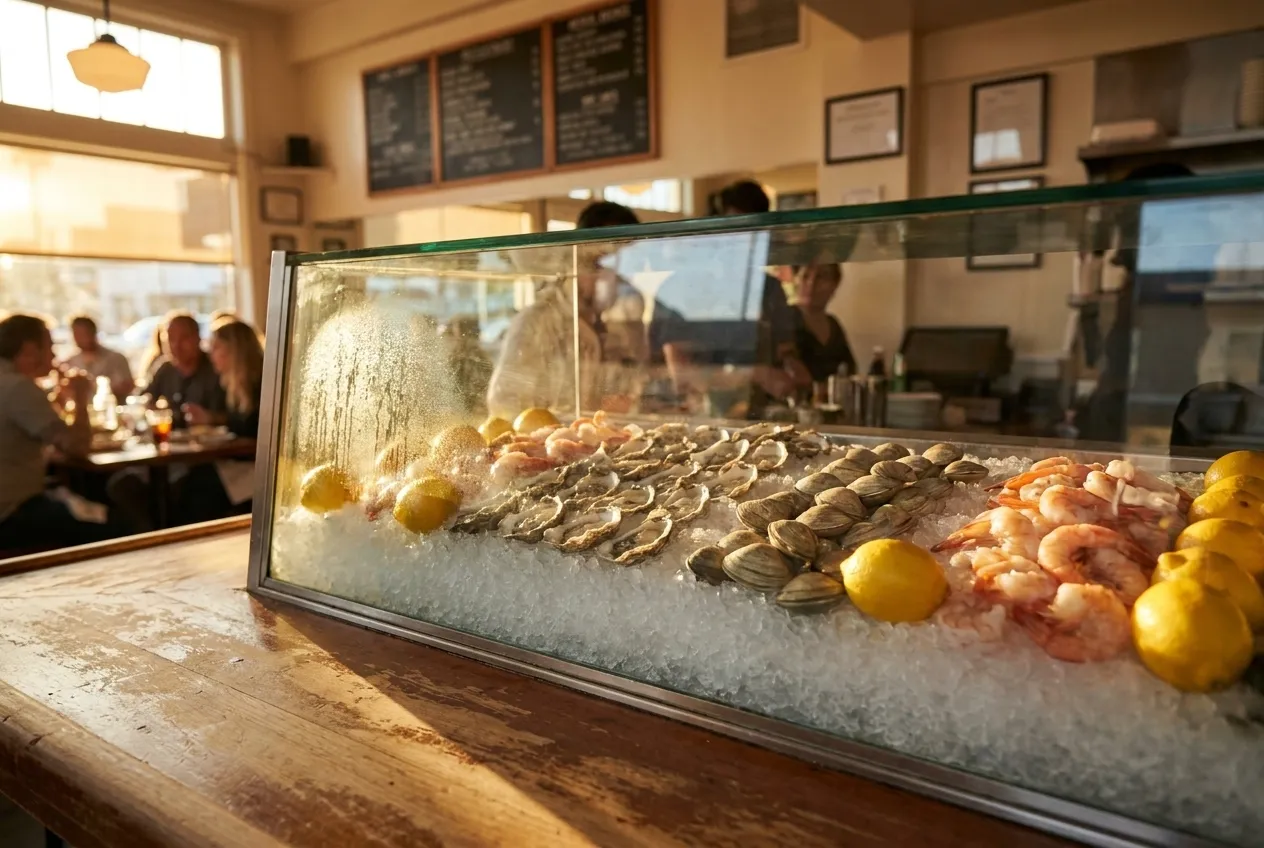 A raw bar case with ice, lemons and shellfish behind glass