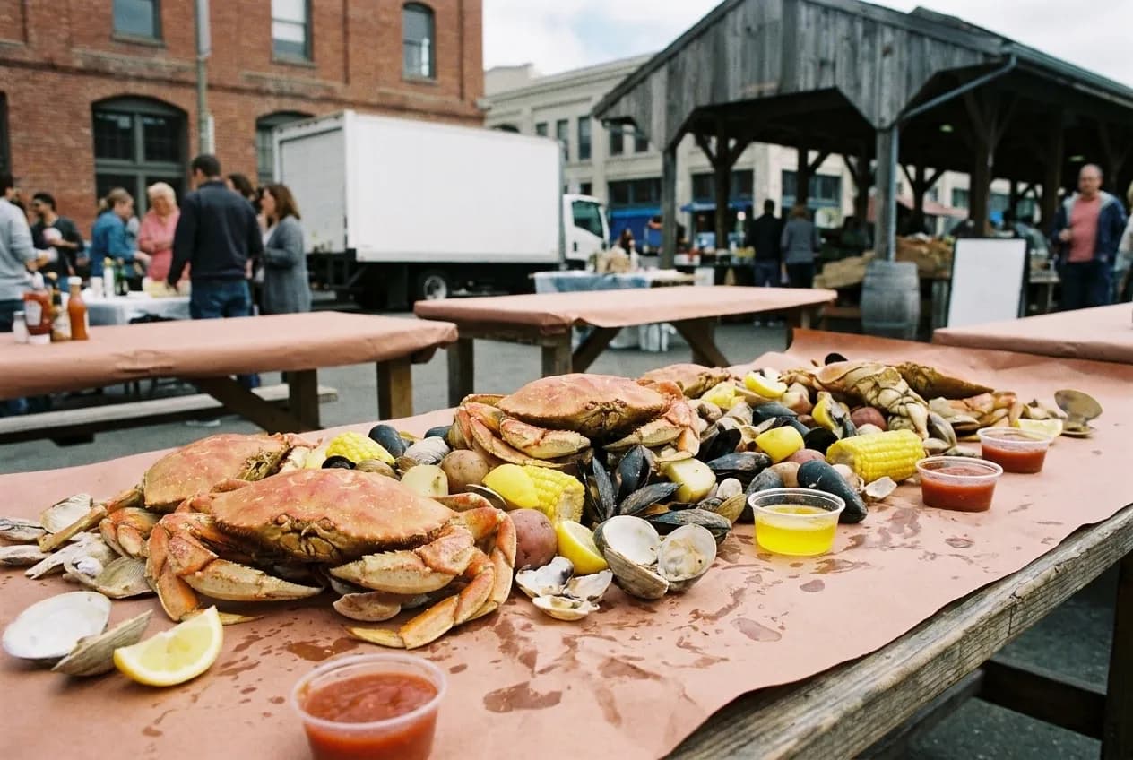 A large tray of crab and shellfish on butcher paper across a communal table