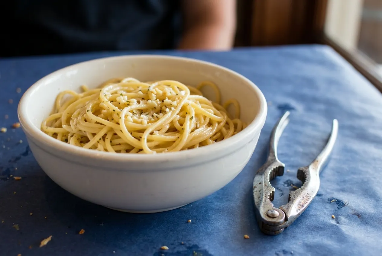 A pair of steel crab crackers and a bowl of garlic noodles on a paper-covered table