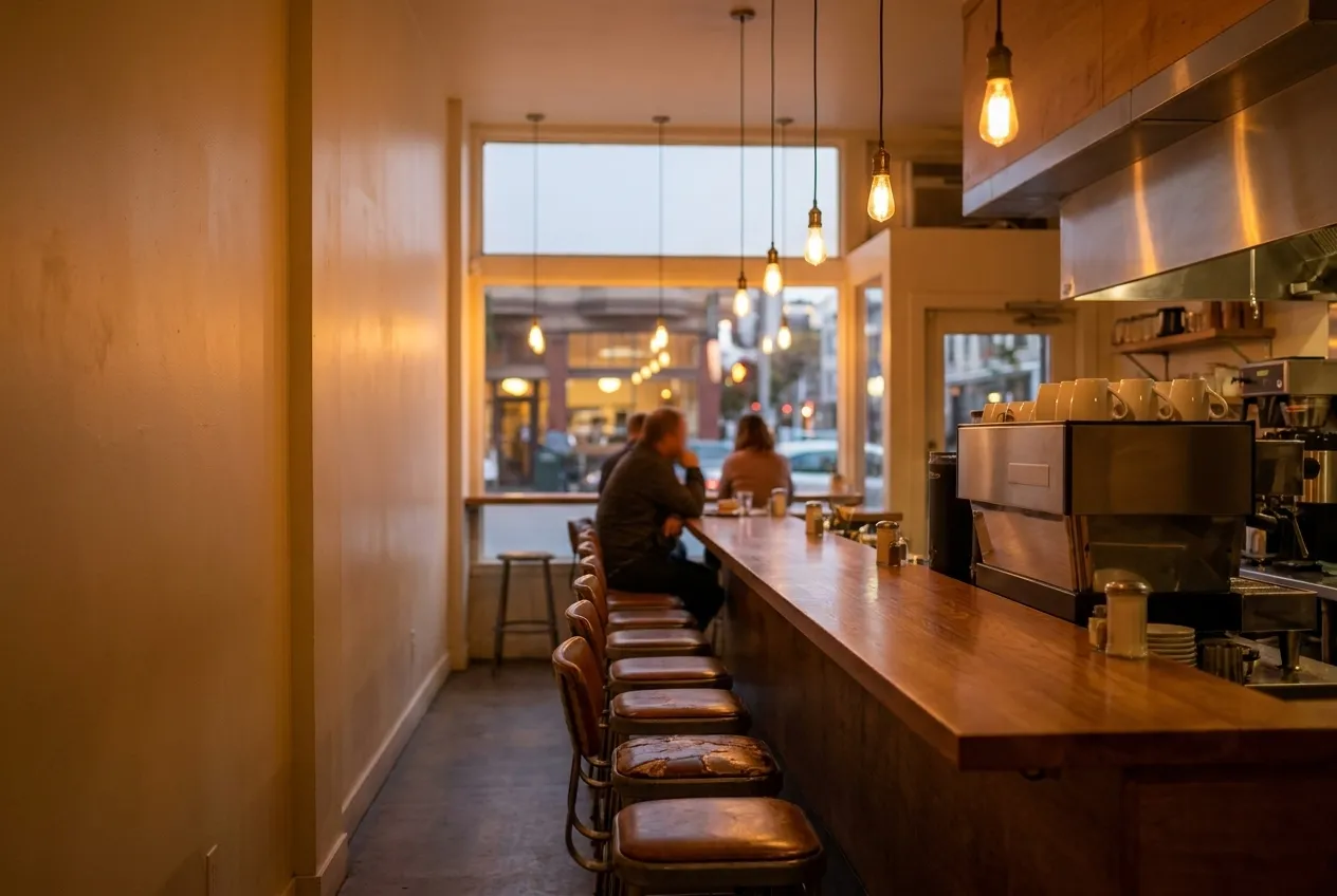 A narrow room with a long counter and a row of stools in warm light