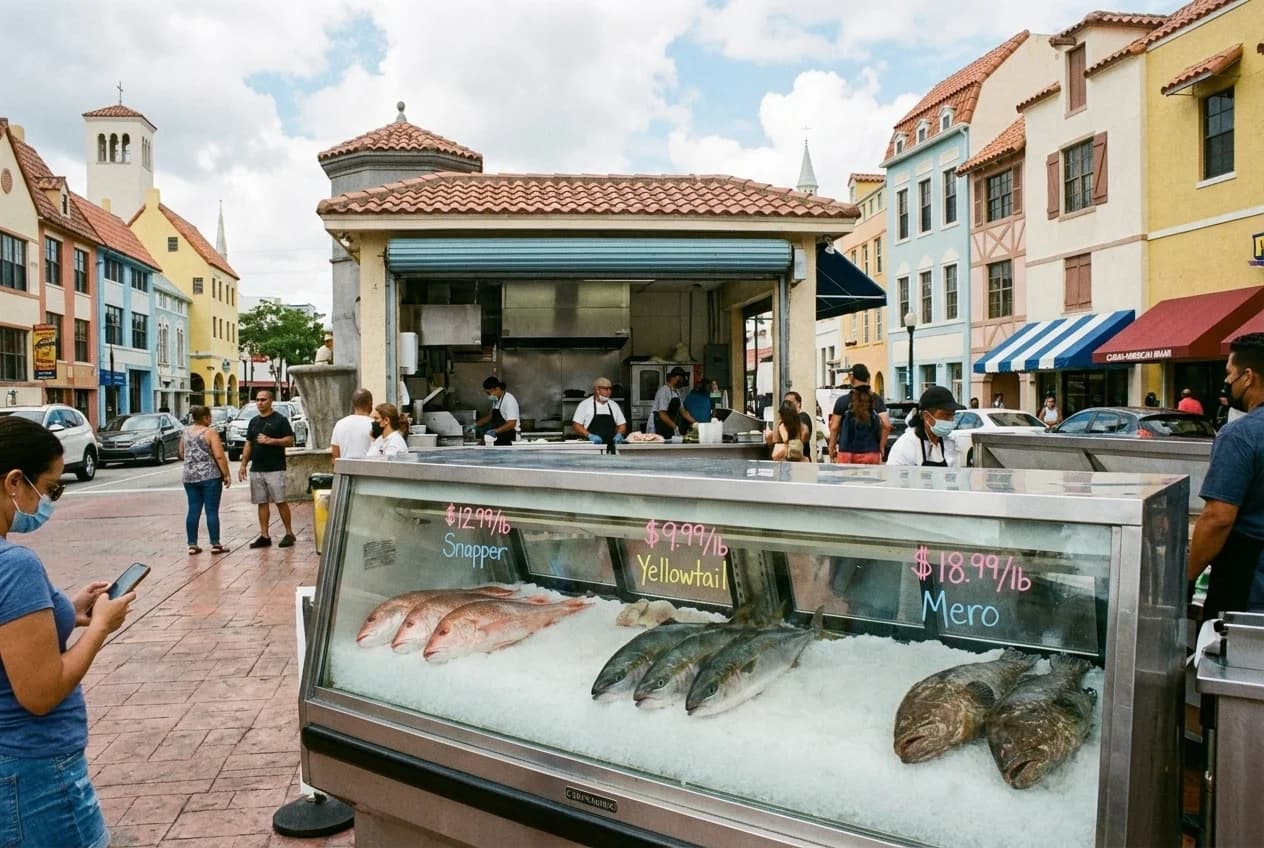 Refrigerated fish case displaying whole snapper and grouper on ice at a Little Havana seafood market counter