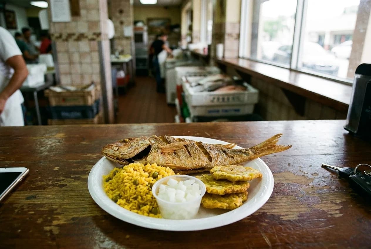 Whole fried yellowtail snapper with rice, tostones, and onions on a styrofoam plate at a Little Havana fish counter