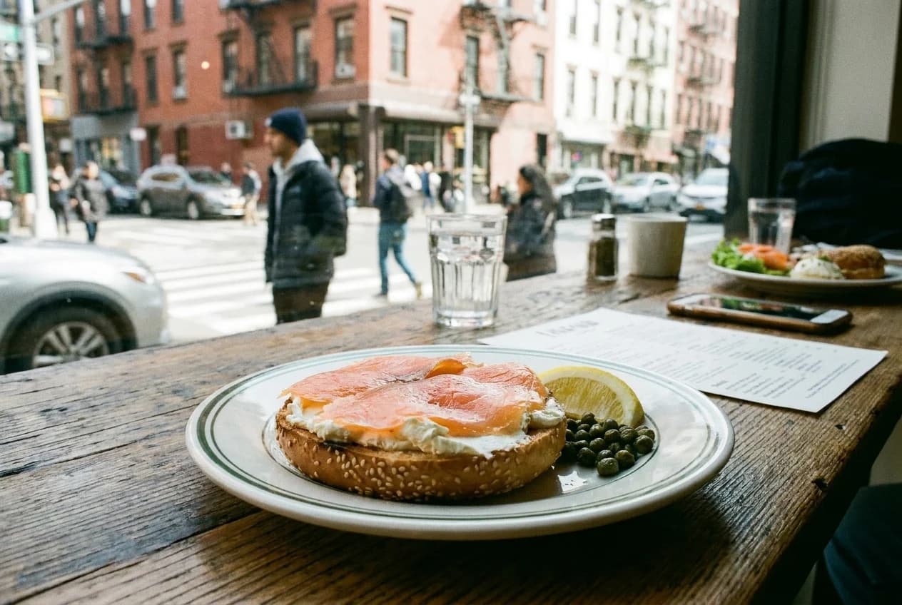 Toasted bagel with cream cheese, nova salmon, capers, and lemon wedge on white plate
