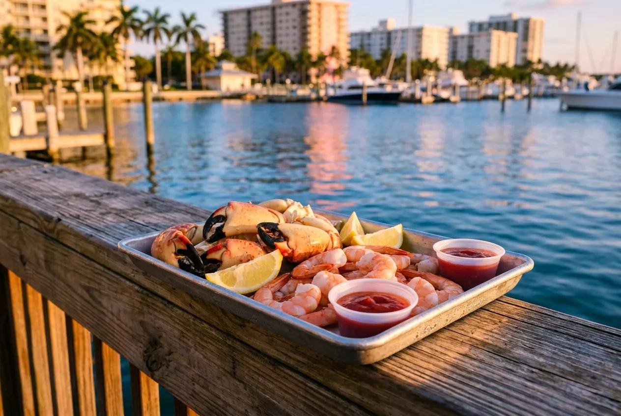 Stone crab claws and peel-and-eat shrimp arranged on a metal tray with lemon wedges, plastic cups of cocktail sauce, and a weathered wooden dock railing and blue bay water visible in soft focus behind.