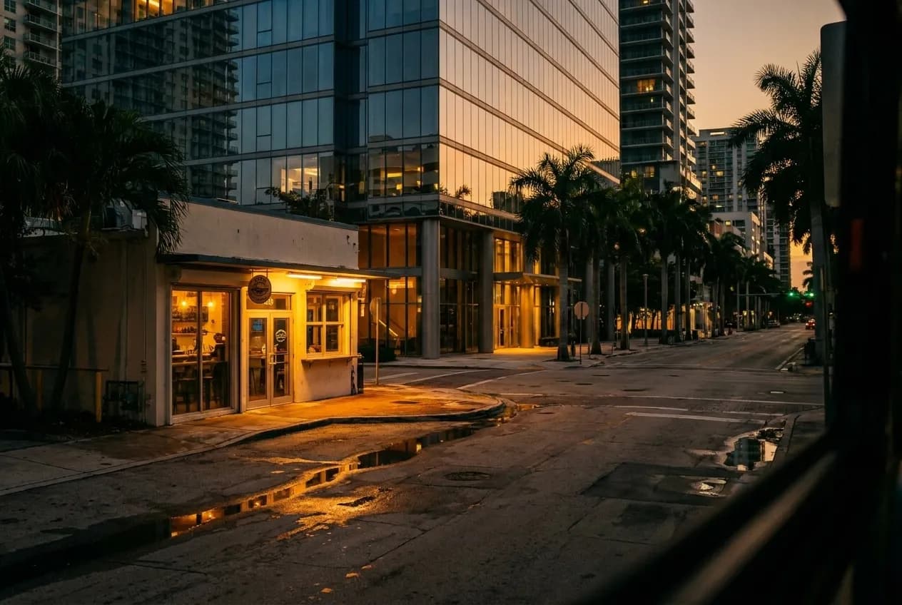 Empty downtown Miami sidewalk at early evening, warm streetlight on a contemporary oyster-bar entrance, reflective tower glass behind.