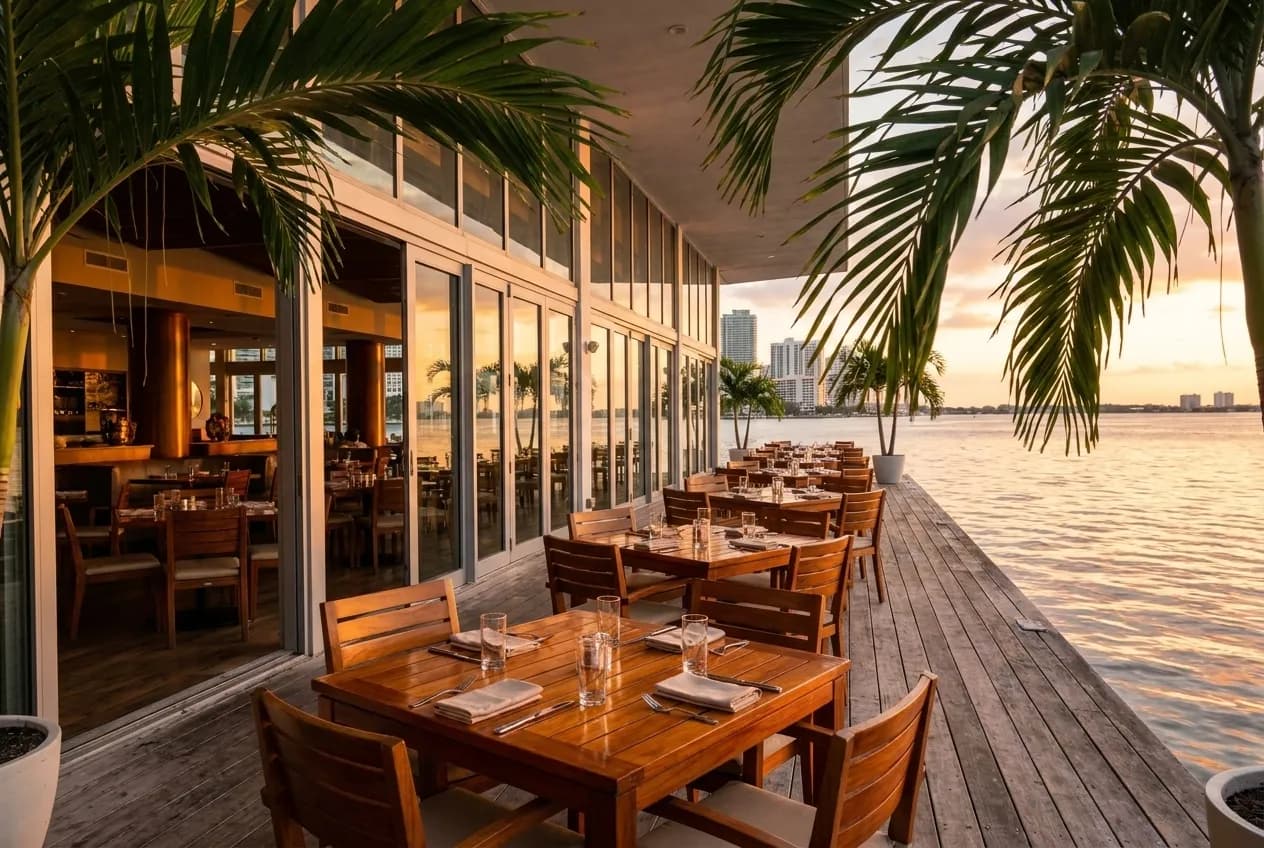 Wide waterfront dining terrace with glass walls overlooking Biscayne Bay at dusk, palm shadows on polished tables, no diners in frame.