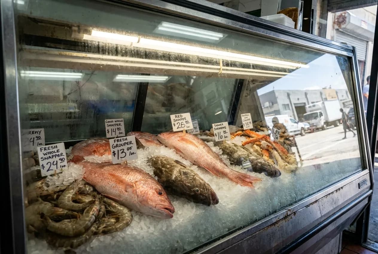 Whole snapper and shellfish arranged on crushed ice in a refrigerated market case under bright overhead lighting.