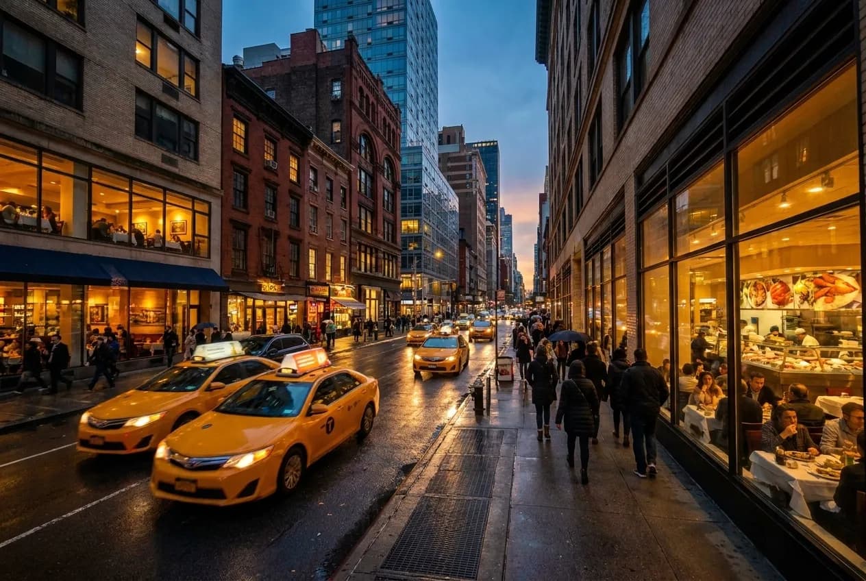 Manhattan avenue corner at dusk with restaurant storefronts glowing yellow and pedestrians passing seafood dining rooms along a tree-lined block