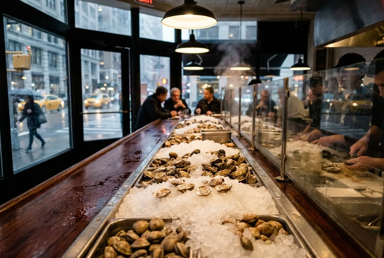 Raw bar counter with oysters on ice and stainless steel rail under pendant lights in a Manhattan seafood restaurant at night
