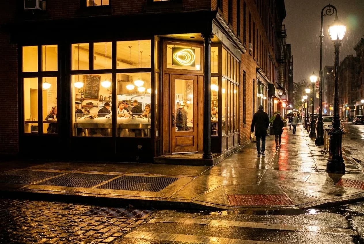 Warm light spilling from a corner raw bar's windows onto a quiet Brooklyn street at night, neon oyster sign glowing above the door.