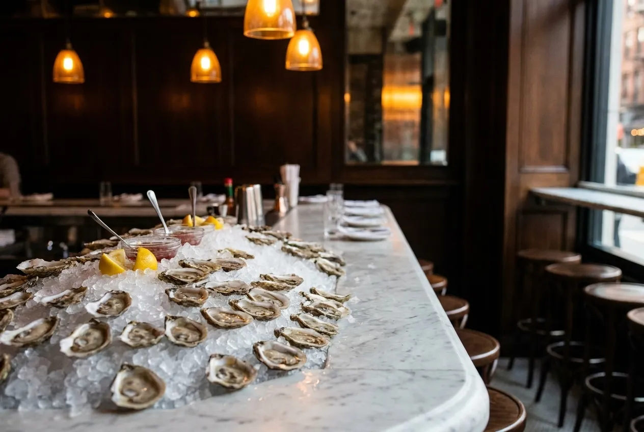 Rows of fresh oysters on crushed ice under soft amber bar light at a New York City raw bar counter.
