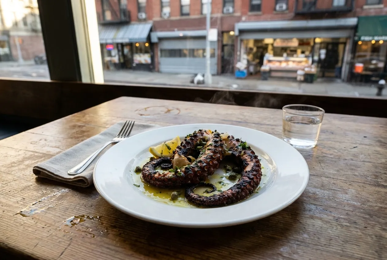 Grilled octopus tentacles with olive oil and lemon on a white ceramic plate beside a glass of white wine on a wooden restaurant table.