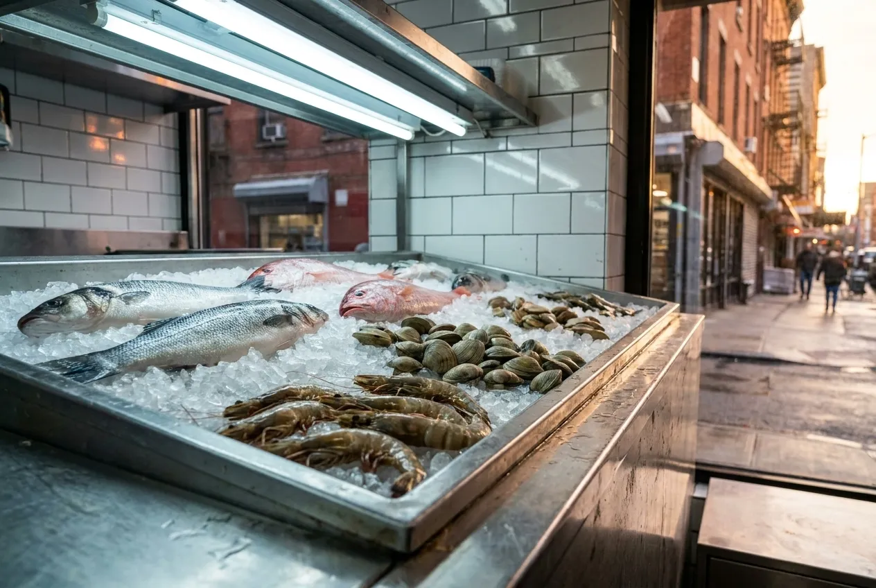 Whole branzino, red snapper, and shellfish arranged on crushed ice under bright market lights in a tiled New York City seafood counter.