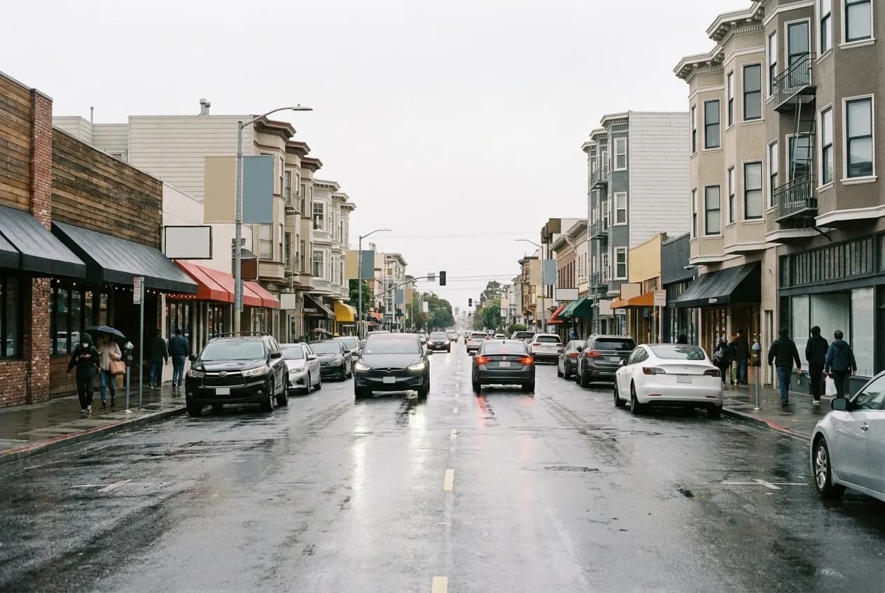 A wide avenue in the outer avenues of San Francisco with restaurants and grey afternoon light
