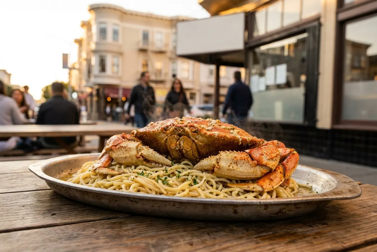 A whole roasted crab on a metal platter with garlic and noodles