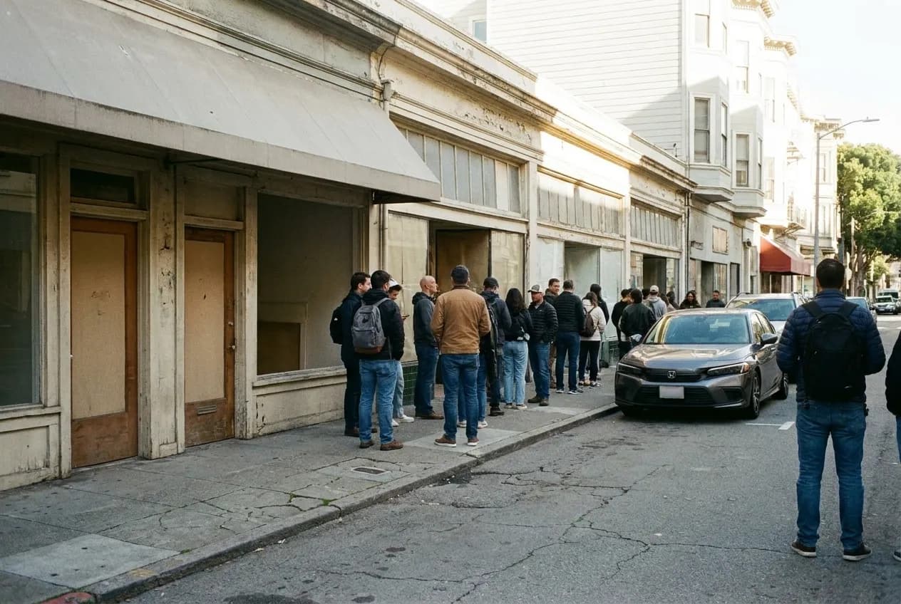 A narrow city street with old low storefronts and a queue of people on the pavement