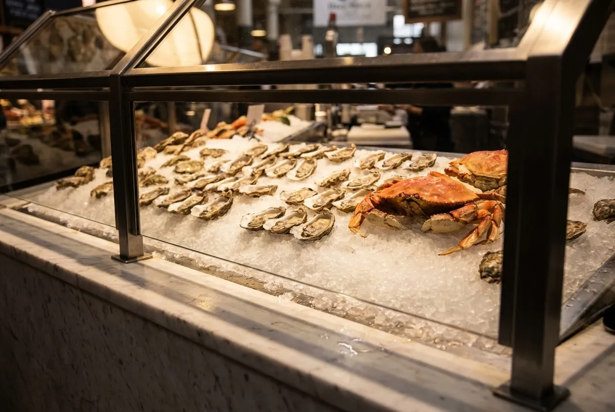 Oysters and crab on crushed ice behind a marble counter