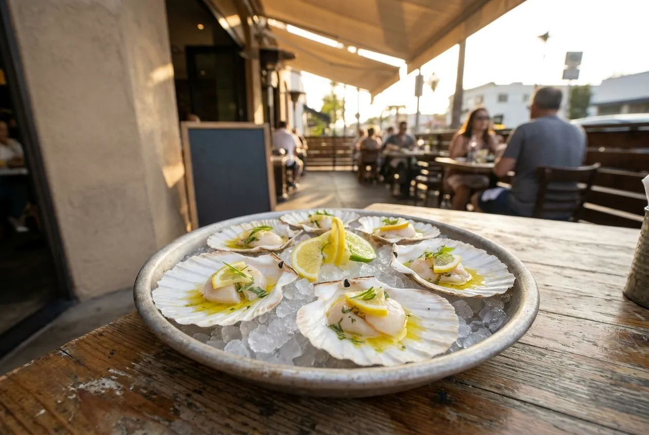 Raw scallops on the half shell dressed with citrus and herbs on a bed of ice