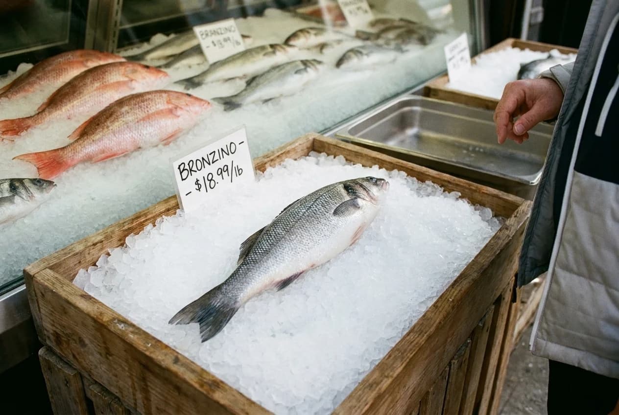 Whole bronzino on ice in fish market case with price card