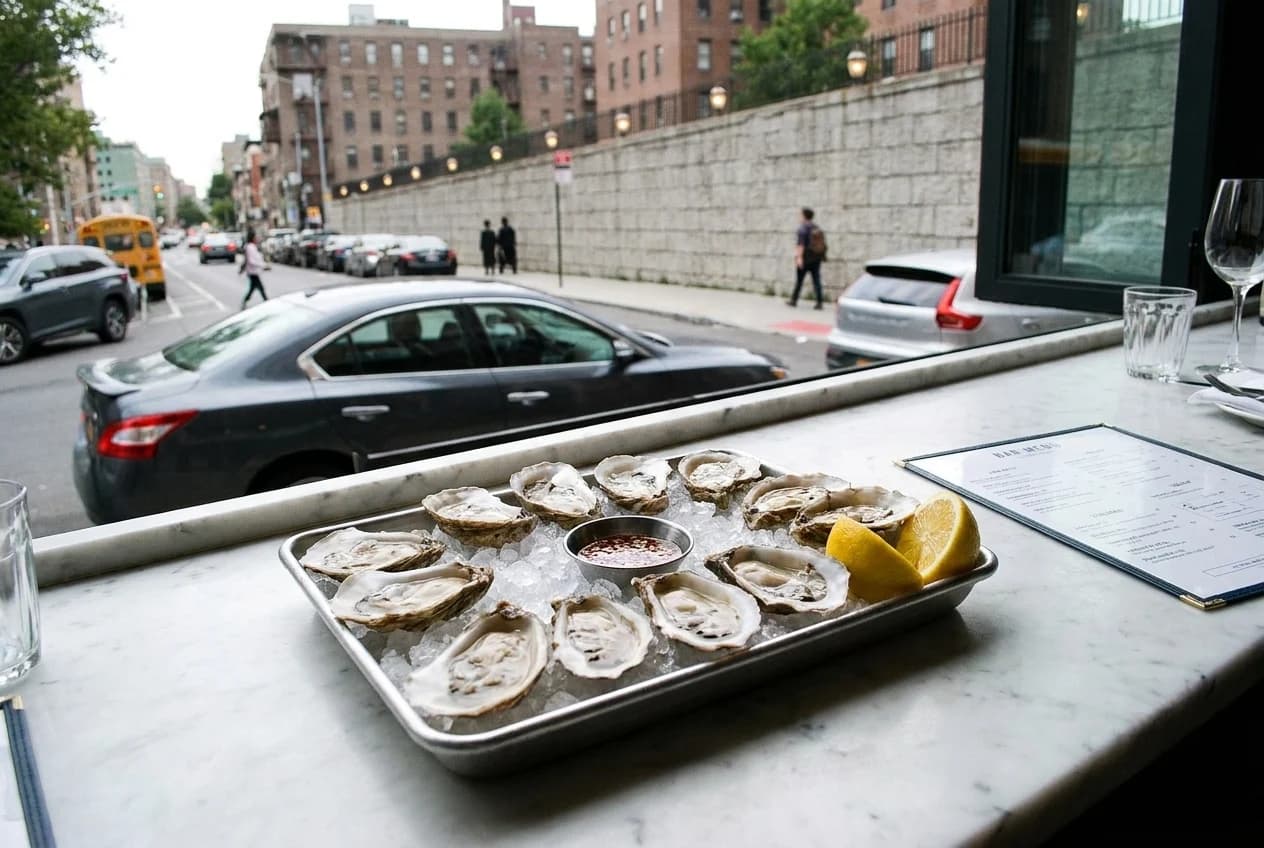 Raw oysters on ice with mignonette and lemon on marble bar top