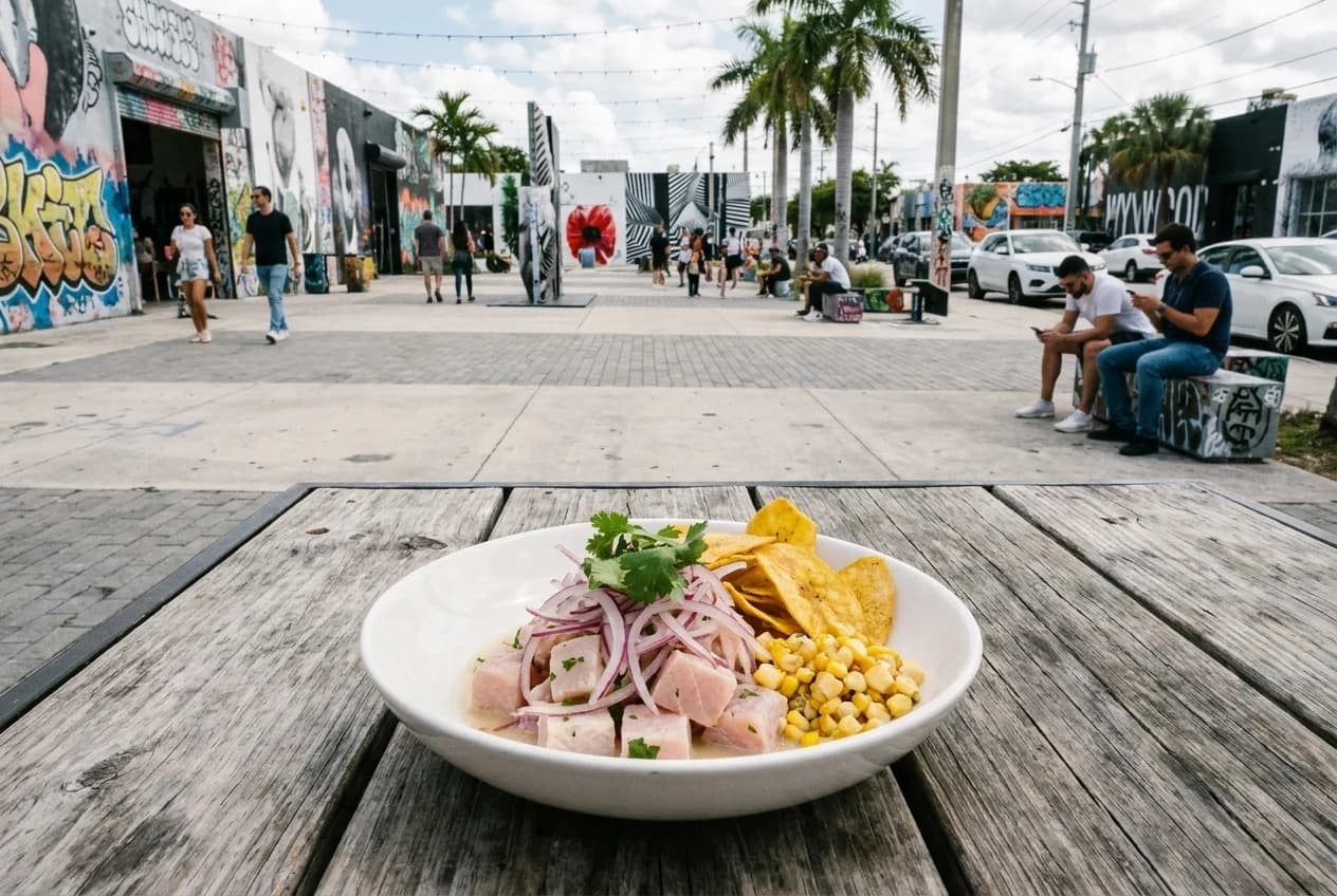 Bowl of ceviche with mahi mahi, red onions, and cilantro on a wooden table in Wynwood