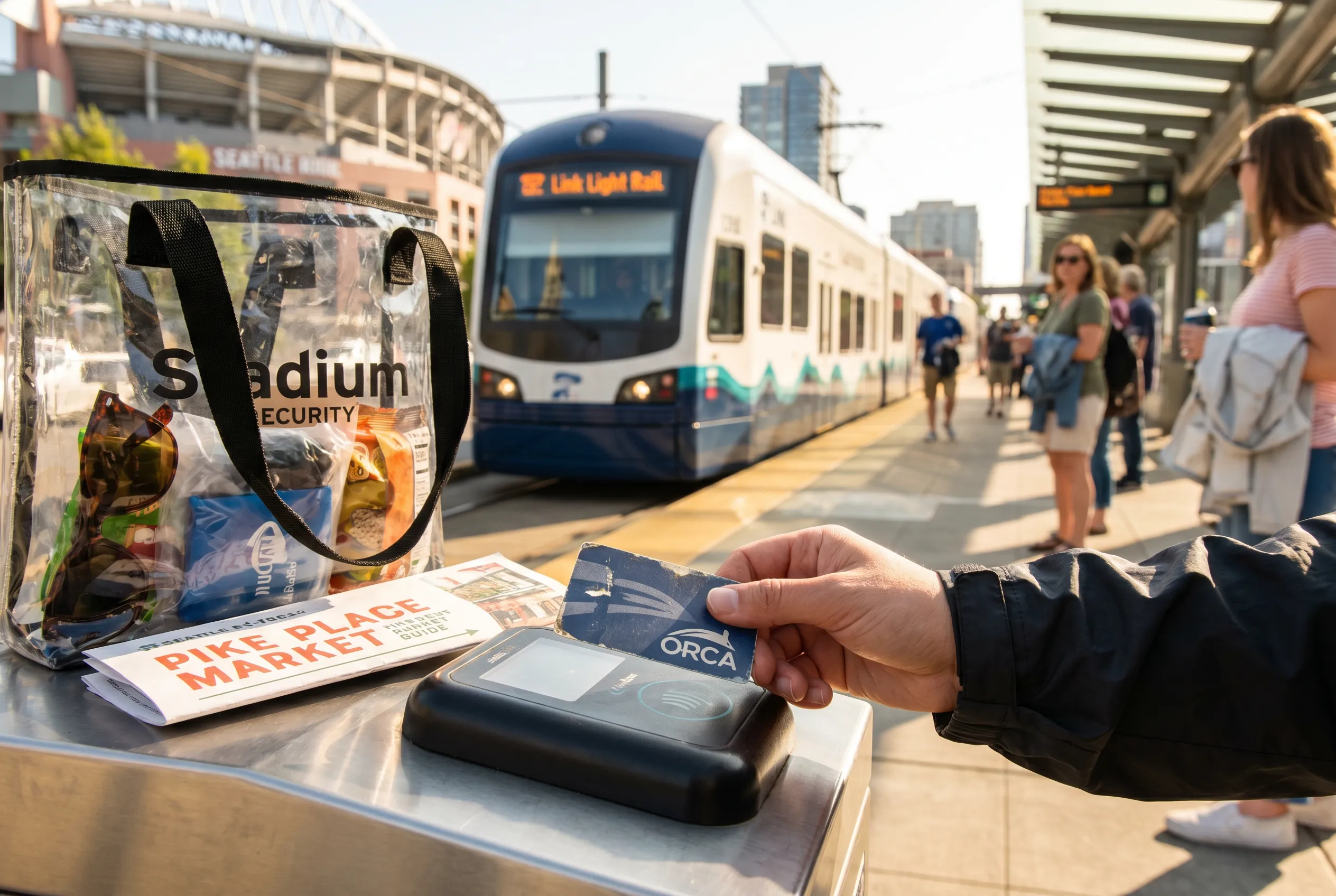 A bright practical scene for seattle stadium light rail parking and pike place guide.