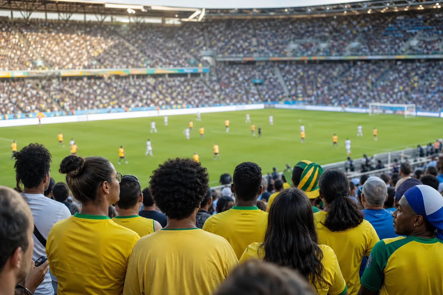 Fans reviewing Ecuador second-half tactical changes on phones during a World Cup match