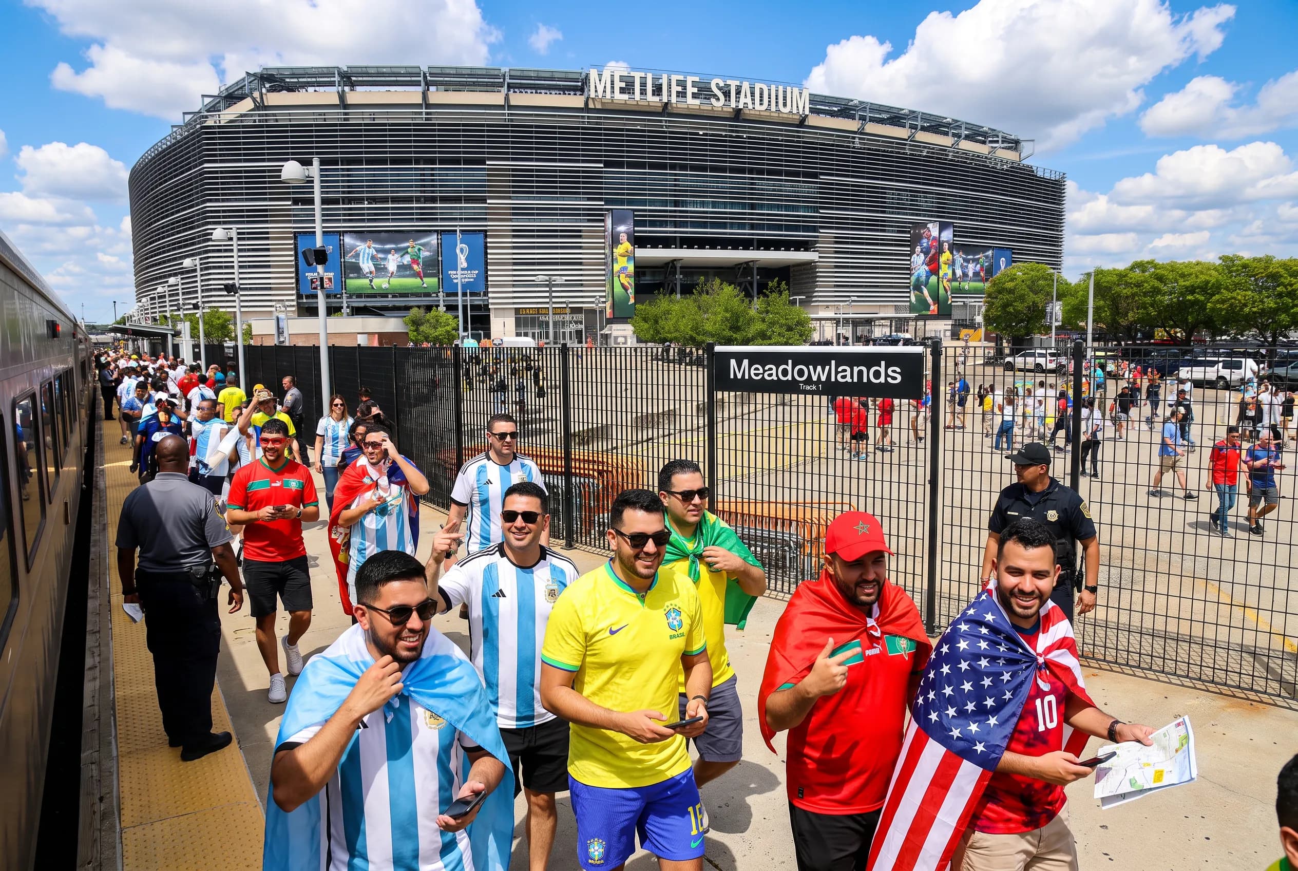 World Cup supporters navigating New York · New Jersey during match day.