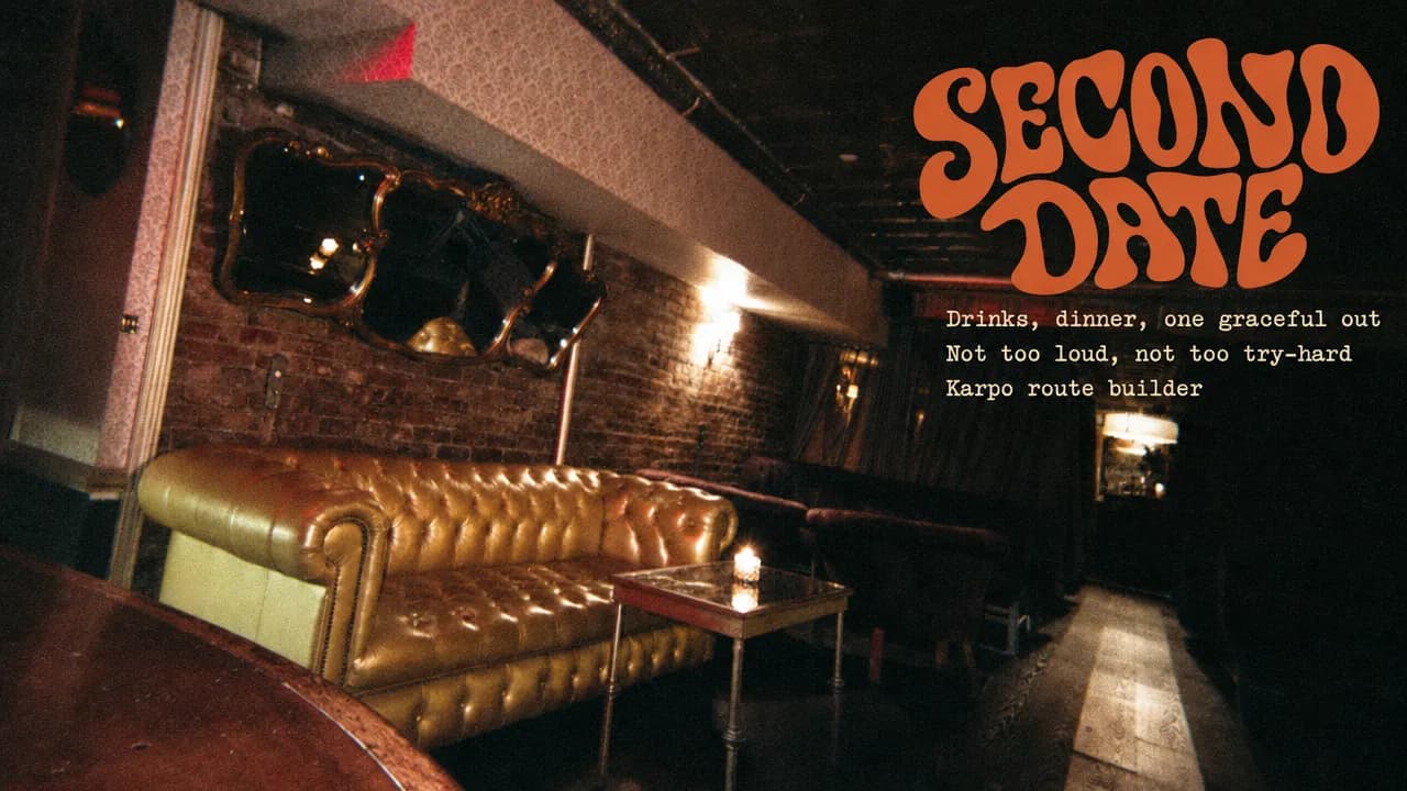 16:9 cover image for A second-date route through NYC: drinks, dinner, one move after, styled from a real NYC reference.