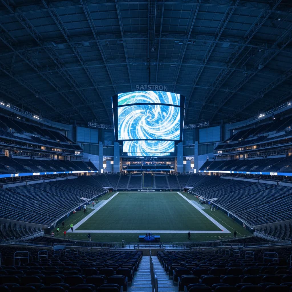 AT&T Stadium interior with its massive video board and blue lighting reflecting off surfaces