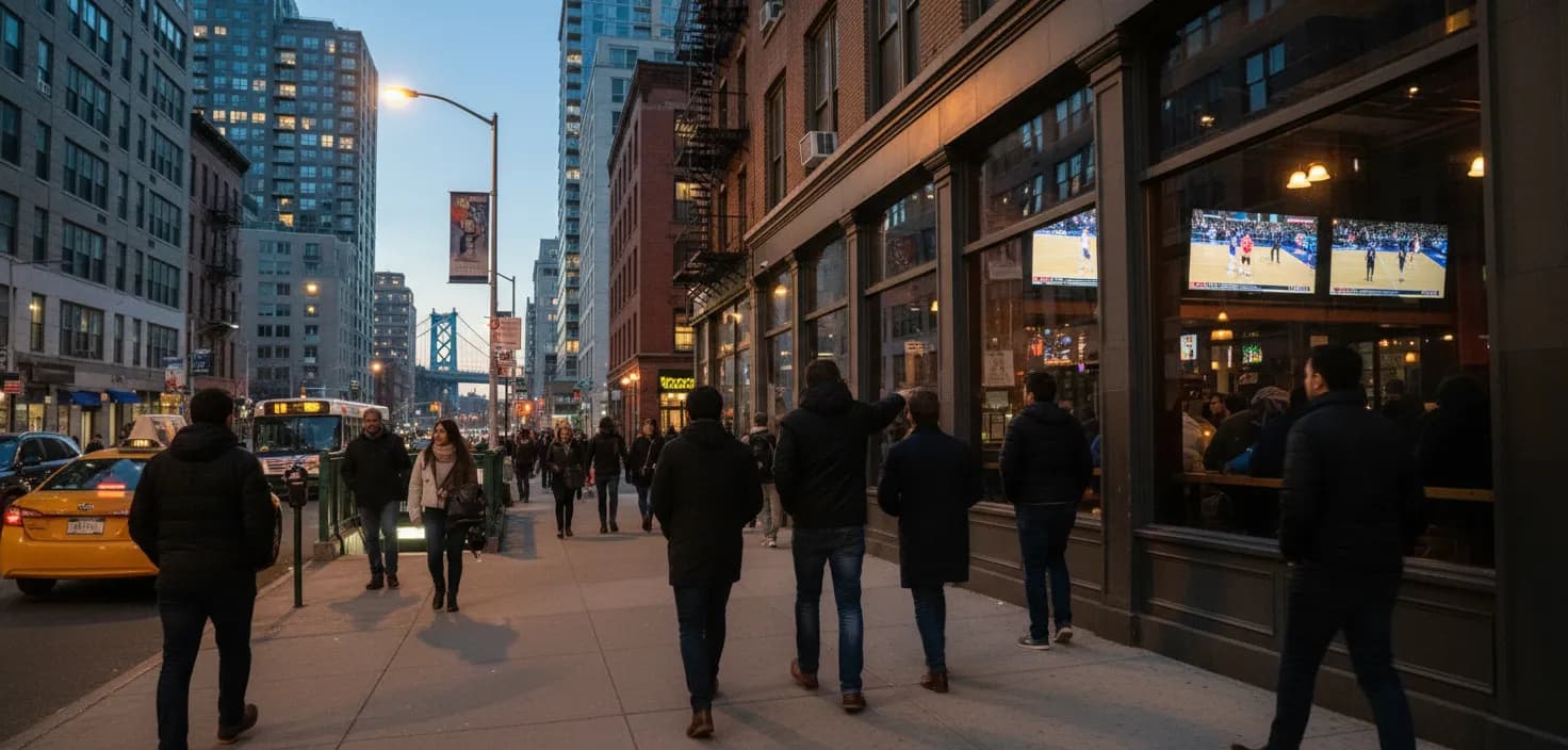 Photorealistic editorial scene for Where to Watch NBA Games Tonight Near Queens in New York City.