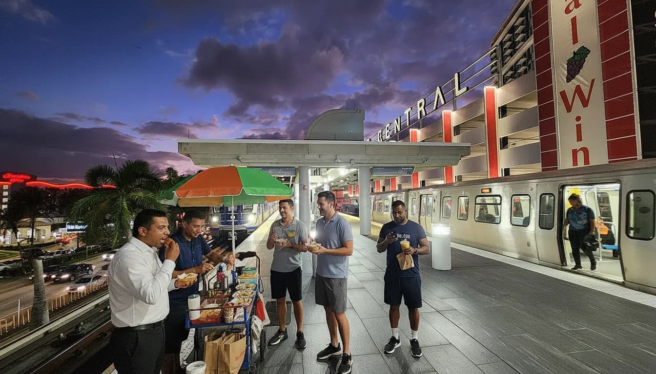Photorealistic editorial scene for Coconut Grove Quick Lunch Stops by Major Transit Hubs in Miami.