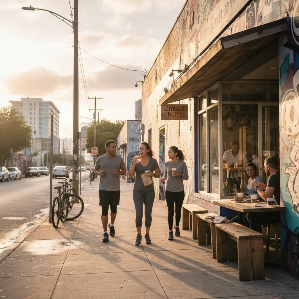 Photorealistic editorial scene for Wynwood Breakfast Runs Before Commuter Crowds Take Over in Miami.