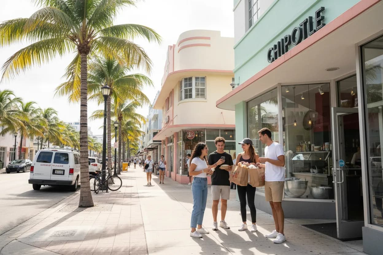 Photorealistic editorial scene for Chipotle Near Coconut Grove for Fast Group Orders in Miami.