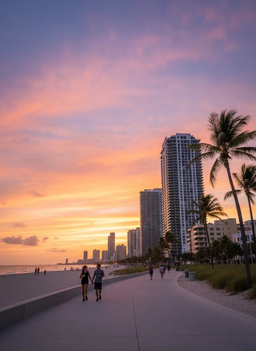 Photorealistic editorial scene for Best Sunset Routes Along Miami Beach Paths This Summer in Miami.