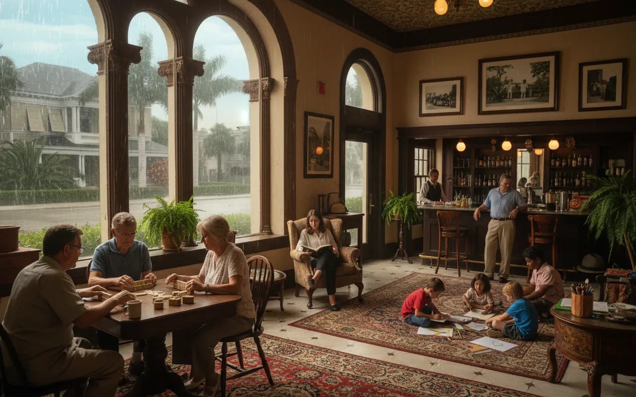 Photorealistic editorial scene for Indoor Things to Do Near Coconut Grove During Heavy Rain in Miami.