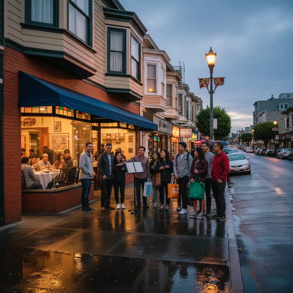 Photorealistic editorial scene for Richmond District Restaurants Built for Easy Group Dinners in San Francisco.