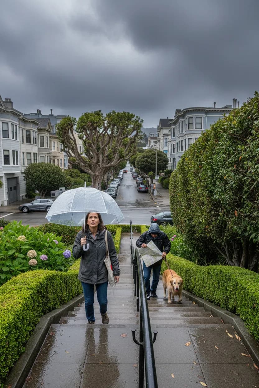 Photorealistic editorial scene for Severe Thunderstorm Warning Plans for a Day in San Francisco in San Francisco.