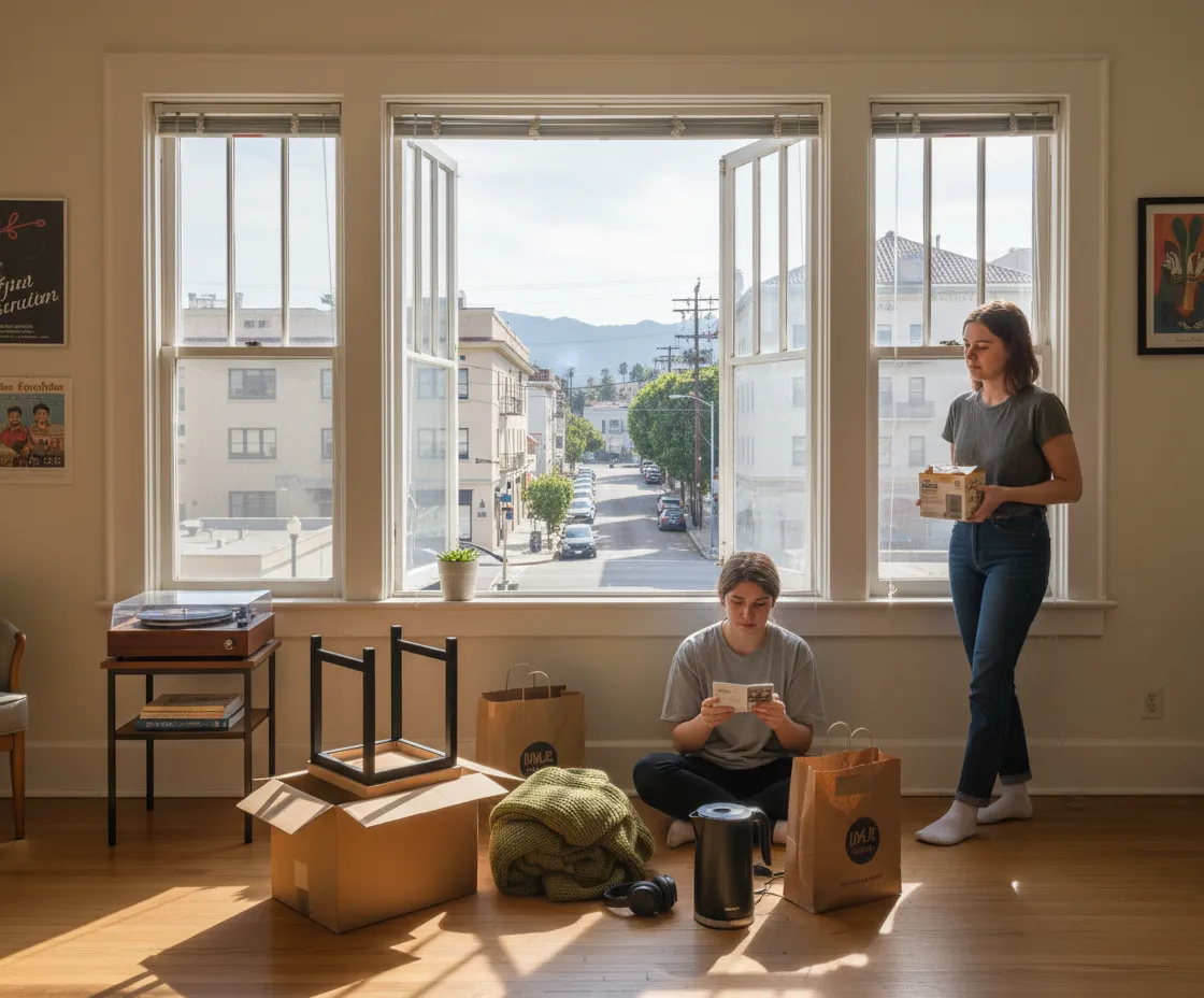 Photorealistic editorial scene for Downtown LA Apartment Essentials You Can Buy Before Tonight Guide in Los Angeles.