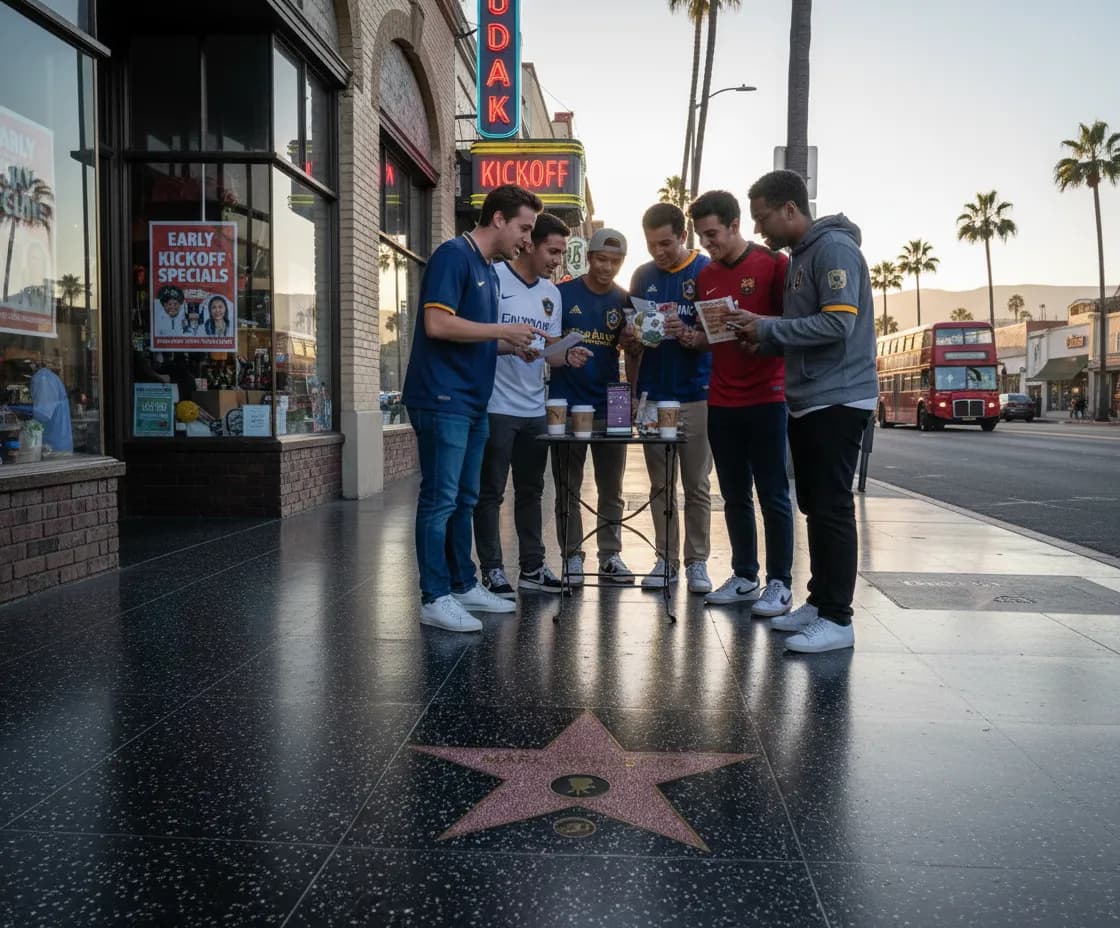 Photorealistic editorial scene for Early-Kickoff Soccer Watch Plans Around Hollywood in Los Angeles in Los Angeles.