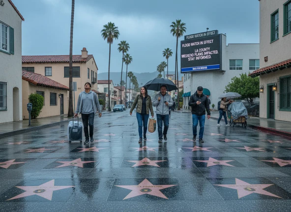 Photorealistic editorial scene for What a Flood Watch Changes for Los Angeles Weekend Plans in Los Angeles.