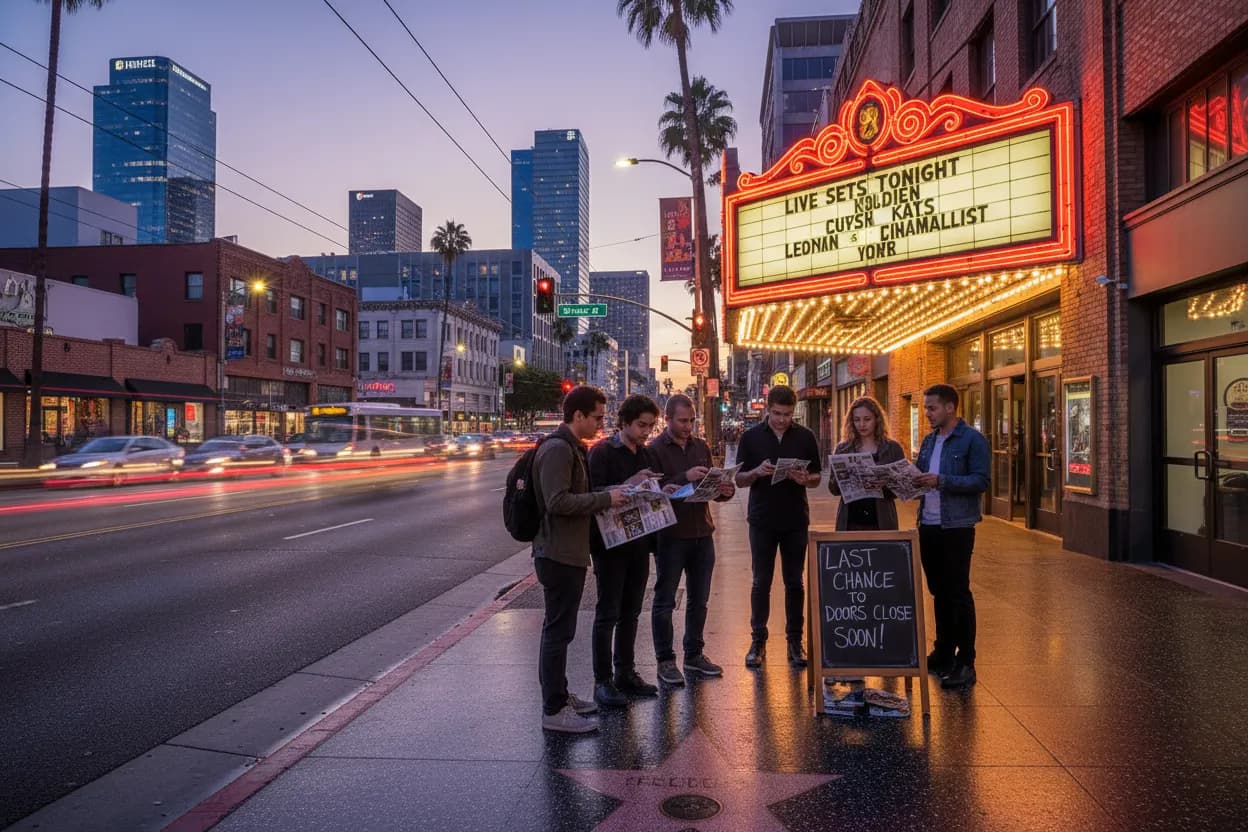 Photorealistic editorial scene for Downtown LA Live Sets You Can Still Enter Tonight Guide in Los Angeles.